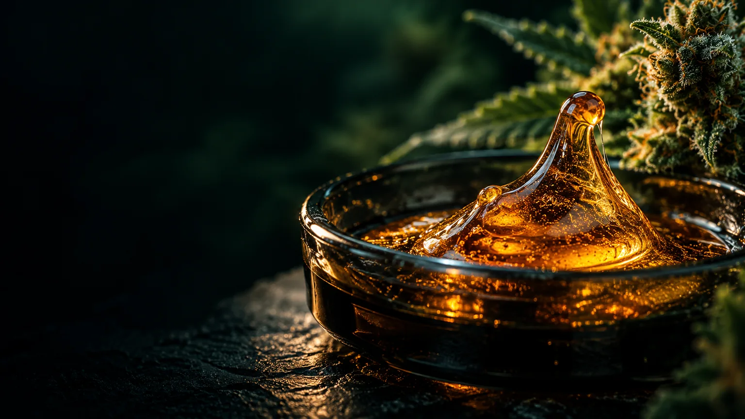 Amber cannabis concentrate in a dark glass dish with frosty cannabis flowers in the background