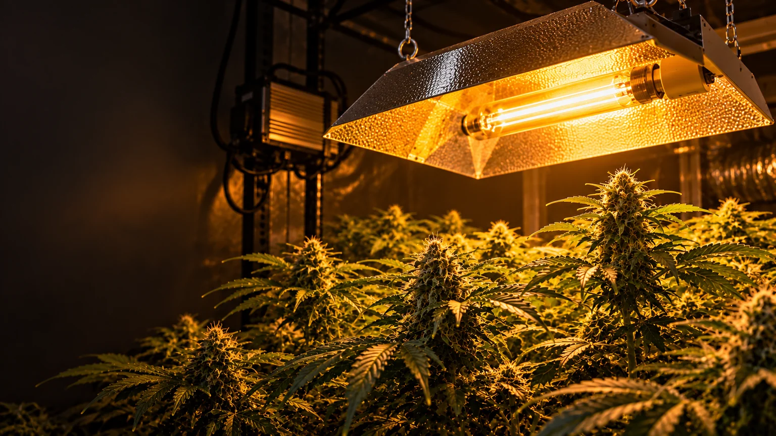 A high-pressure sodium lamp and suspended metal reflector illuminate flowering cannabis plants in an indoor grow room