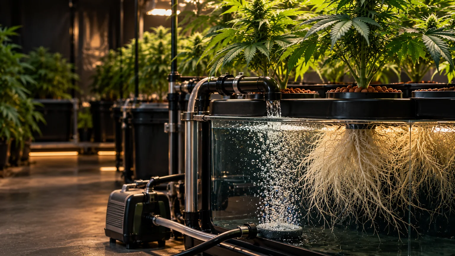 Hydroponic cannabis grow room reservoir with roots submerged in aerated nutrient solution beside irrigation pipes and air diffuser