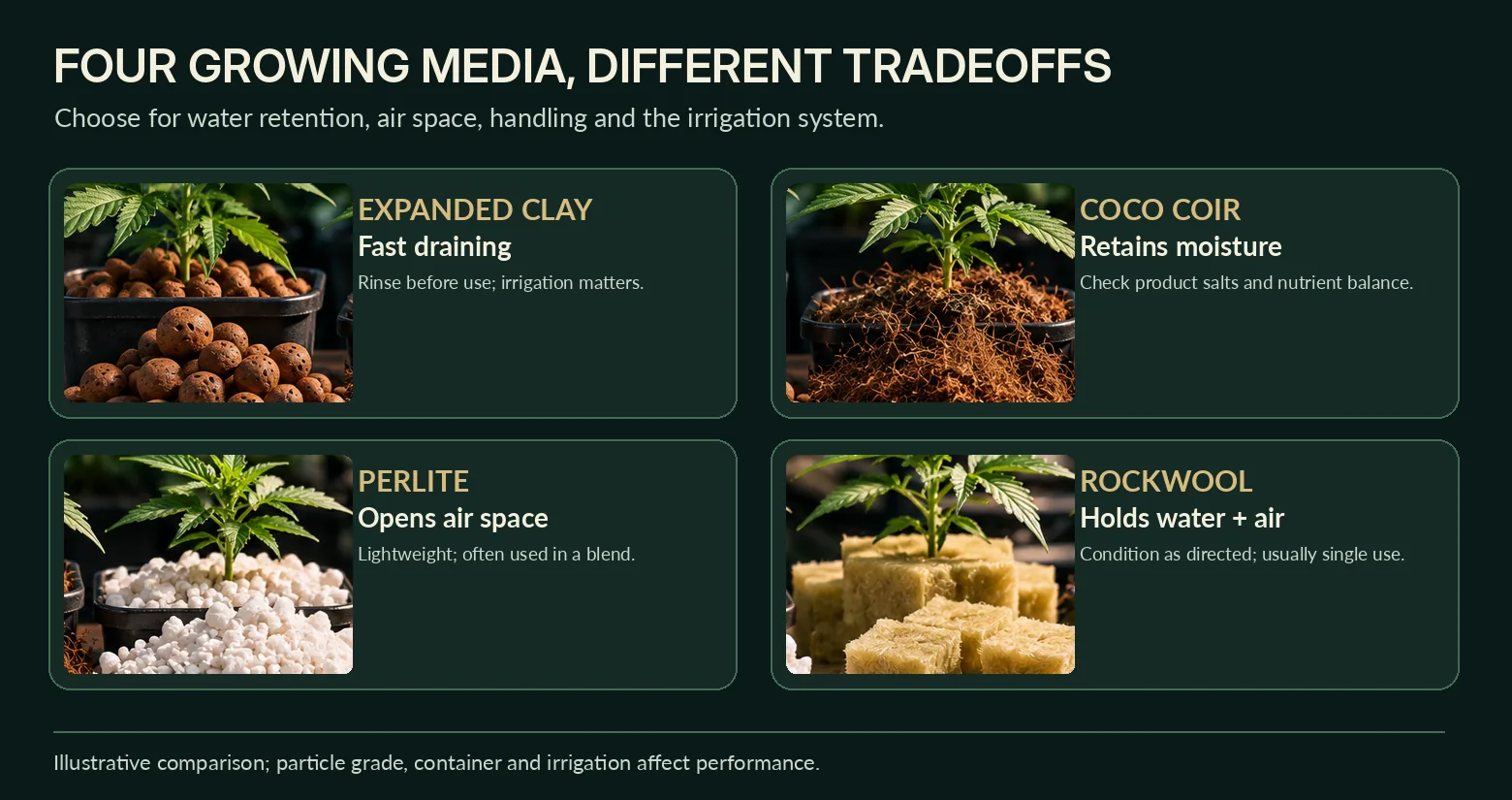 Four illustrated media samples compared: expanded clay drains rapidly, coco coir holds moisture, perlite adds air space, and rockwool retains water and air.