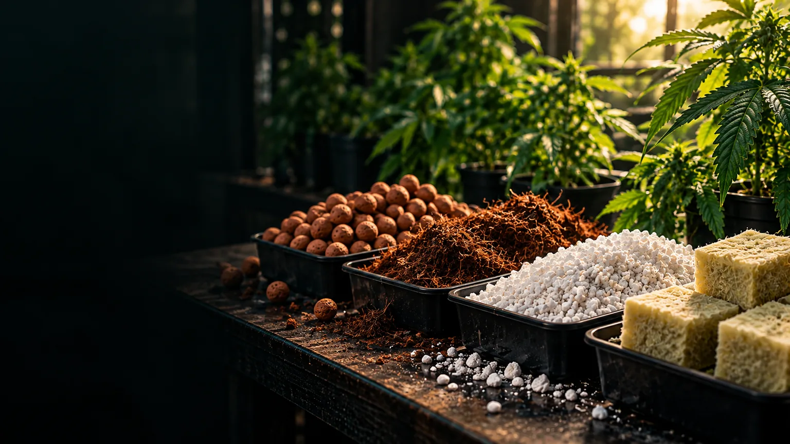 Four trays of hydroponic growing materials including clay pebbles, coco fiber, white perlite and rockwool blocks on an indoor greenhouse workbench