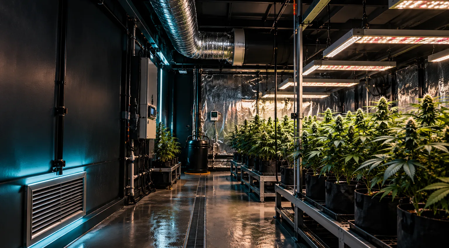 Indoor garden with an open service aisle, suspended lights, ventilation ducting and accessible equipment