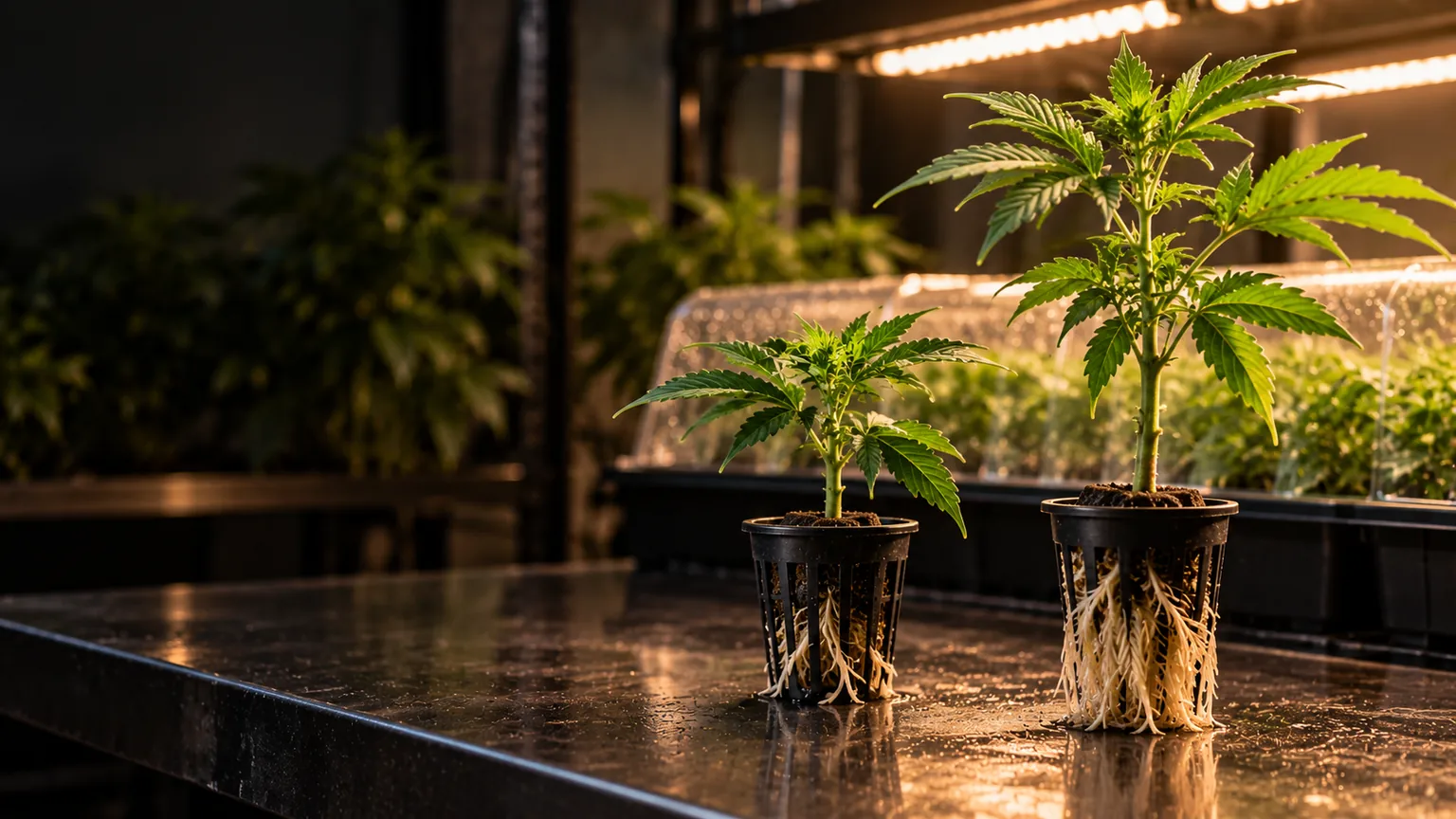 Two rooted cannabis cuttings of different sizes under warm grow lights with visible developing roots in nursery net pots