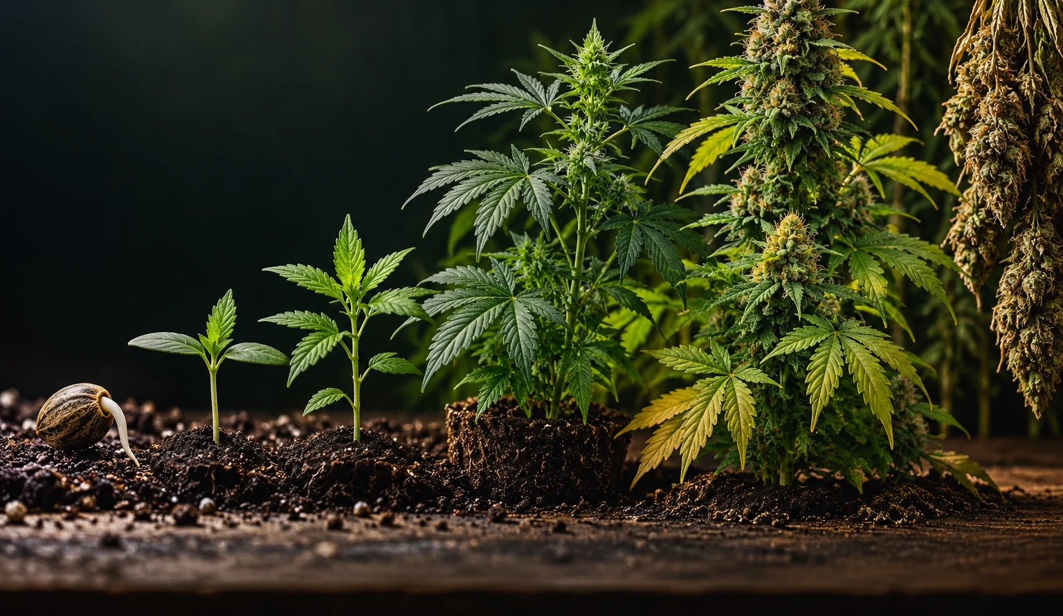 Illustration of the cannabis growing life cycle, from germinating seed through seedlings, vegetative growth, flowering and hanging harvested flowers