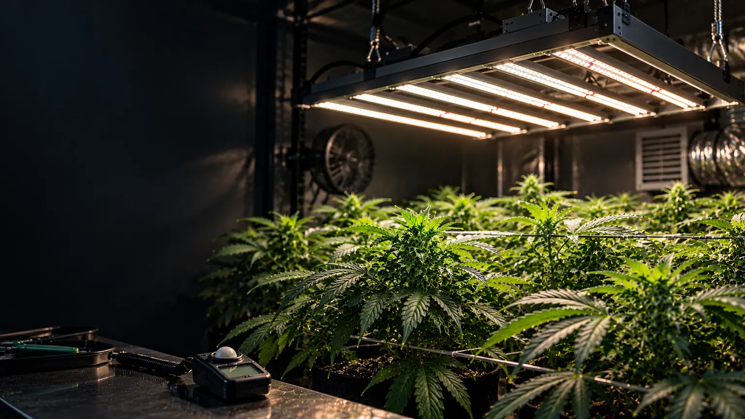 Grow-room canopy under bar-style LED lights with a light meter on the workbench