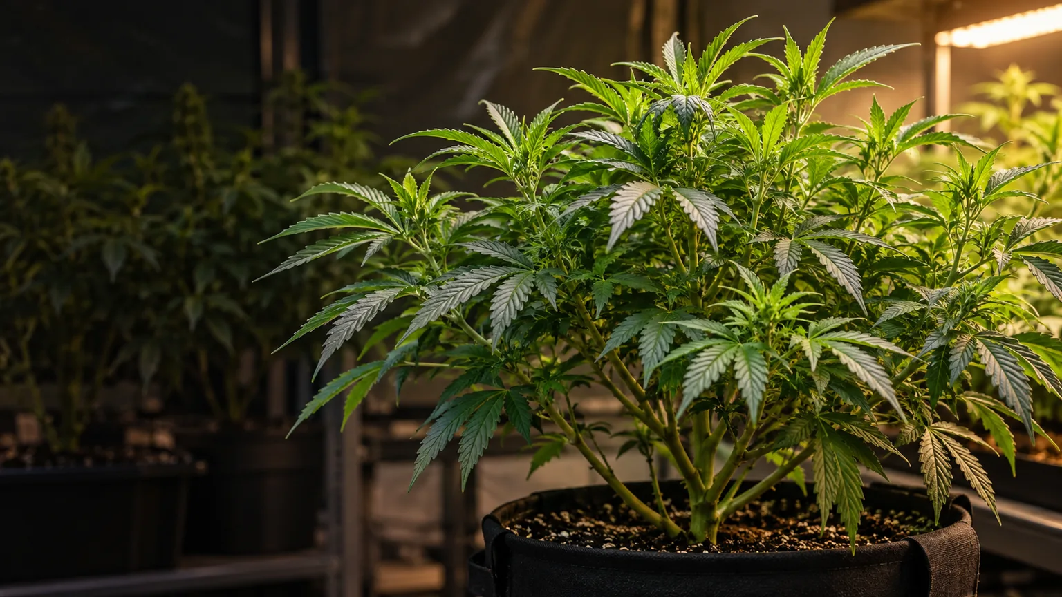 Compact cannabis mother plant with vigorous branches in a softly lit indoor grow room