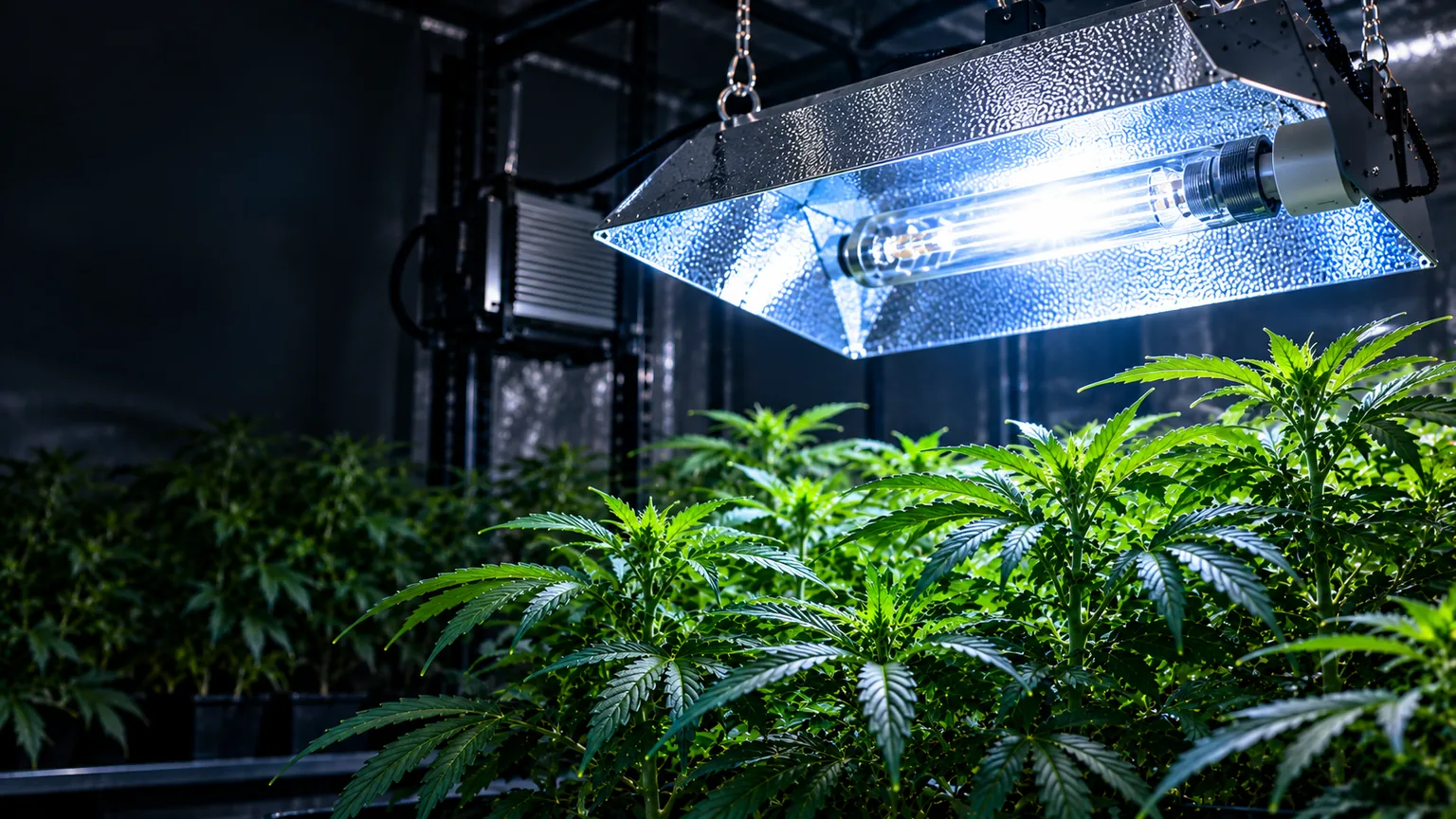 A suspended metal halide-style HID reflector provides cool white-blue light over vegetative cannabis plants in an indoor growing room