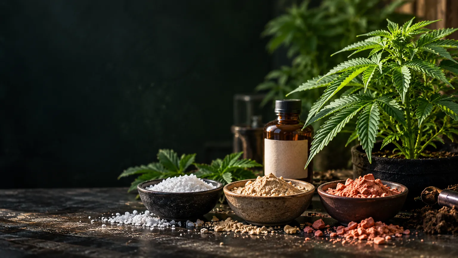 Cannabis plant beside three small dishes of mineral fertilizer and an amber bottle in a warmly lit growing workroom