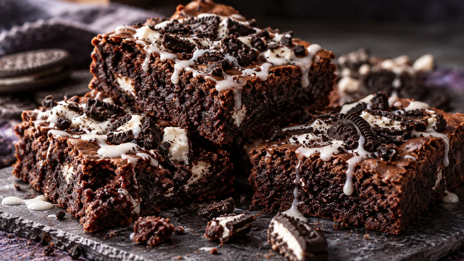 Fudgy chocolate Oreo brownies stacked with cookie crumbles and cream drizzle