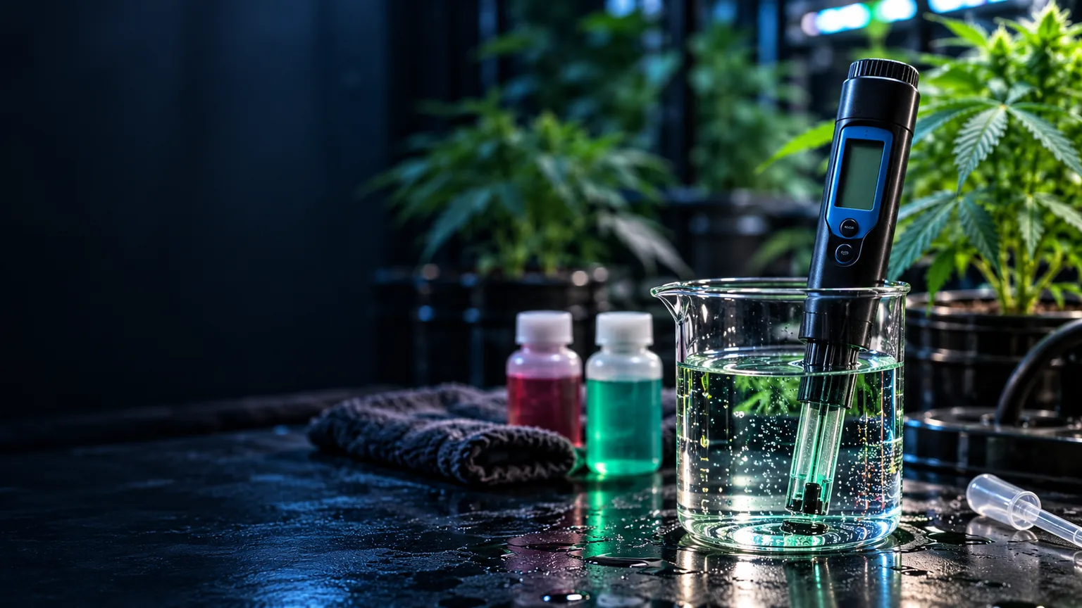 Digital pH meter and testing beaker on a dark grow-room bench