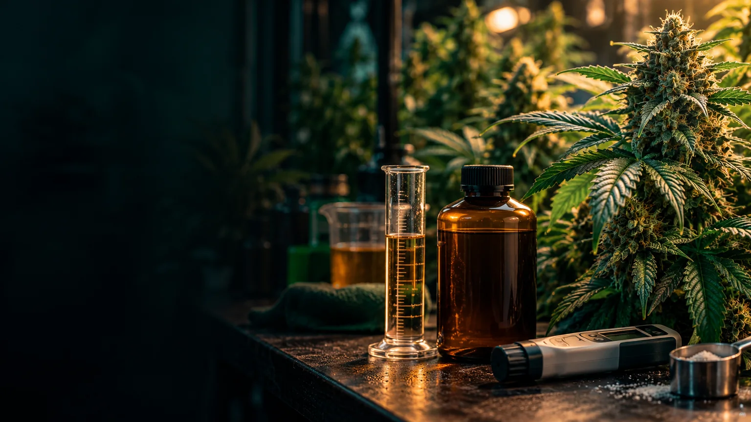 Cannabis flowering branch, nutrient measuring cylinder and unbranded amber fertilizer bottle in a dark indoor grow laboratory