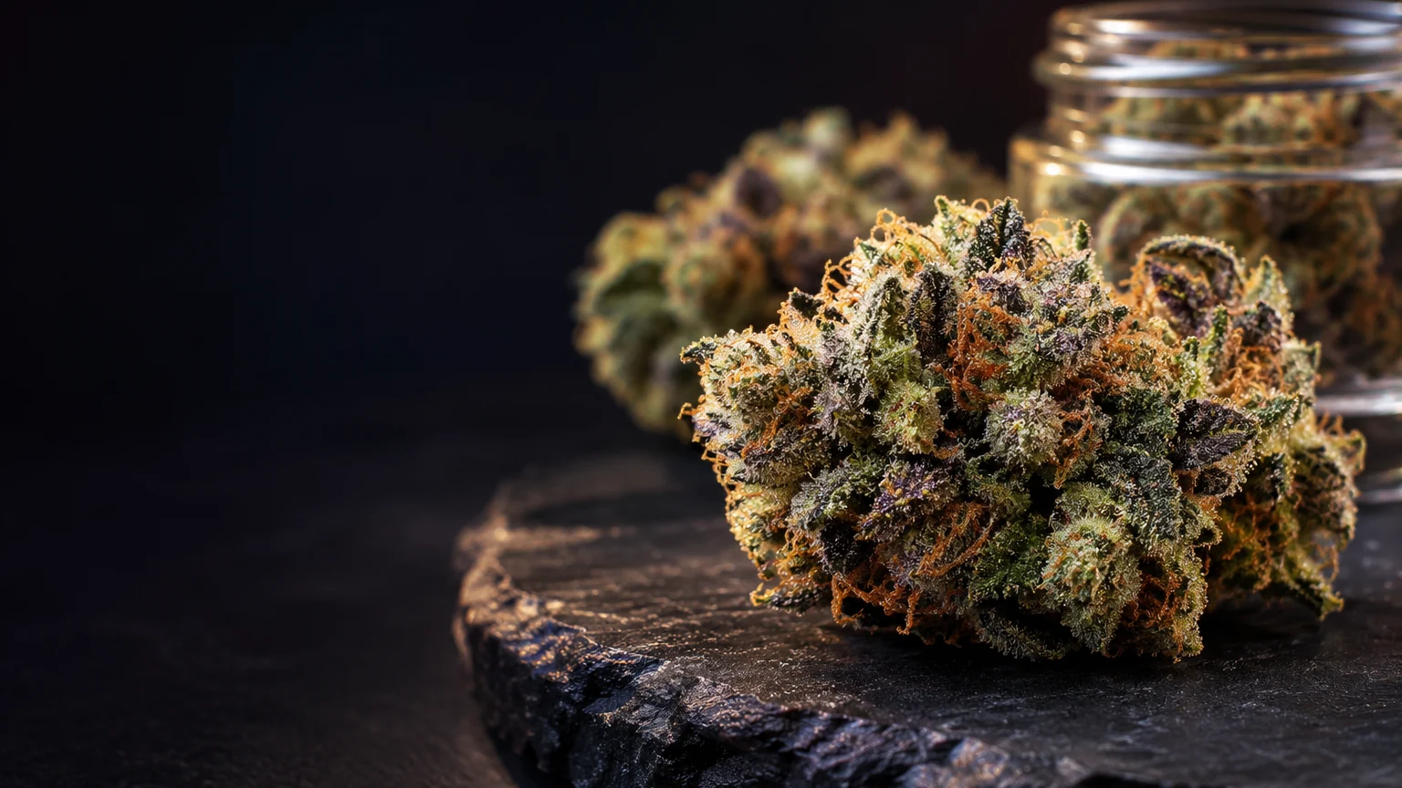 Resinous dried cannabis flower on dark slate with a plain glass sample jar behind it