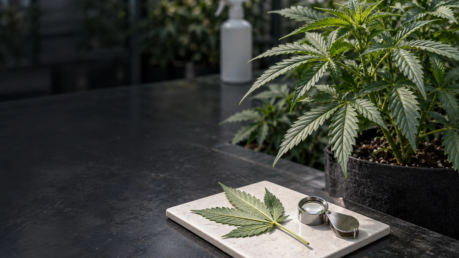 Cannabis plant beside an underside-up leaf and inspection lens, with a closed spray bottle in the background