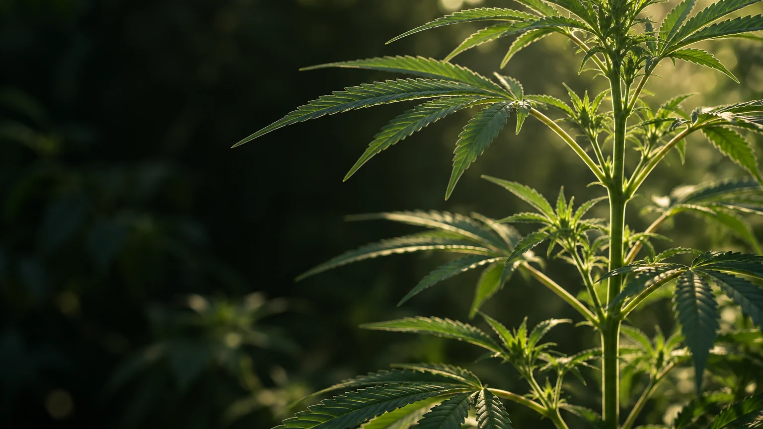 Living cannabis plant with branching nodes and serrated leaves in soft greenhouse light