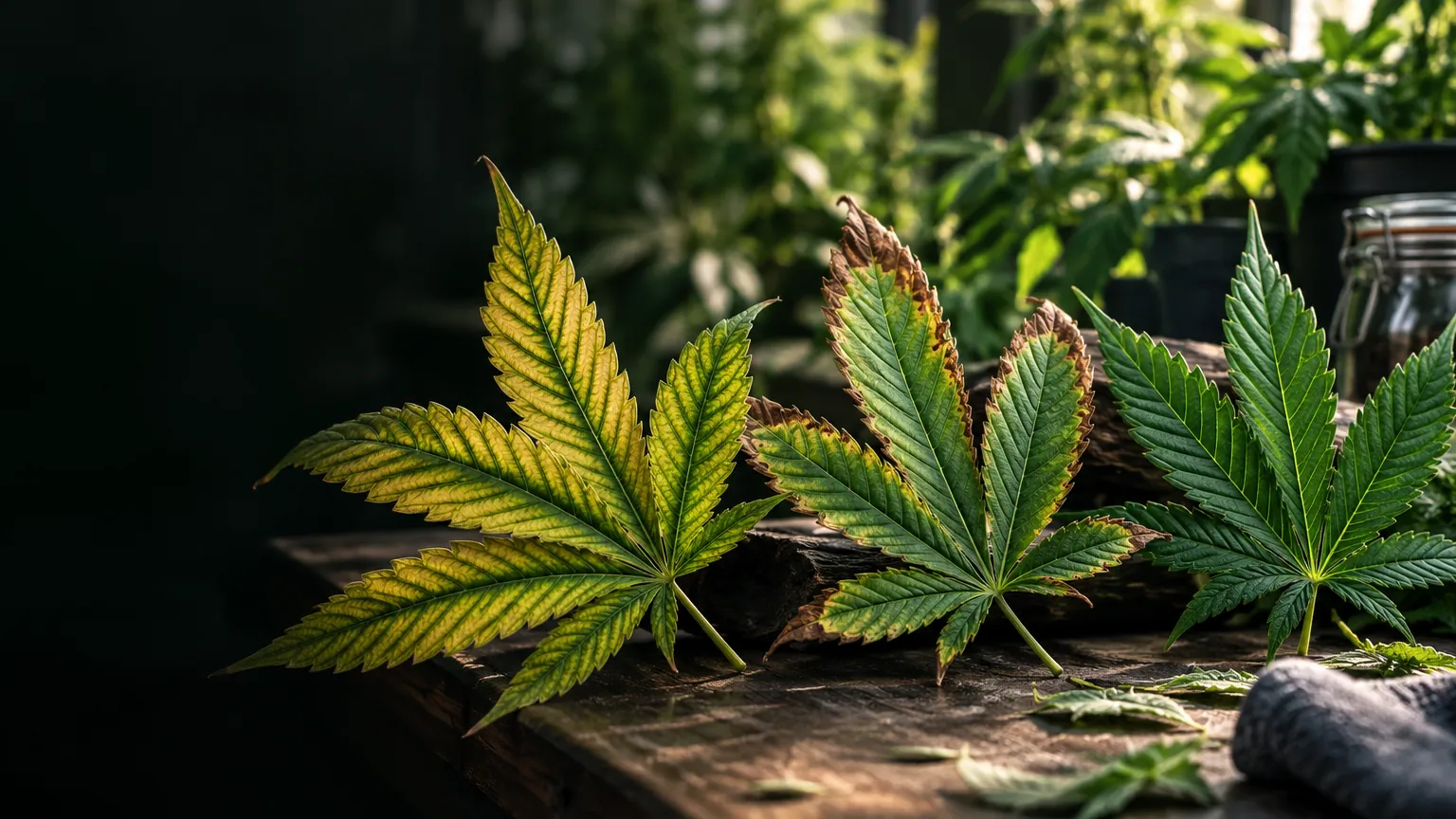 Three cannabis leaves on a dark greenhouse workbench showing yellowing, scorched margins and healthy green foliage