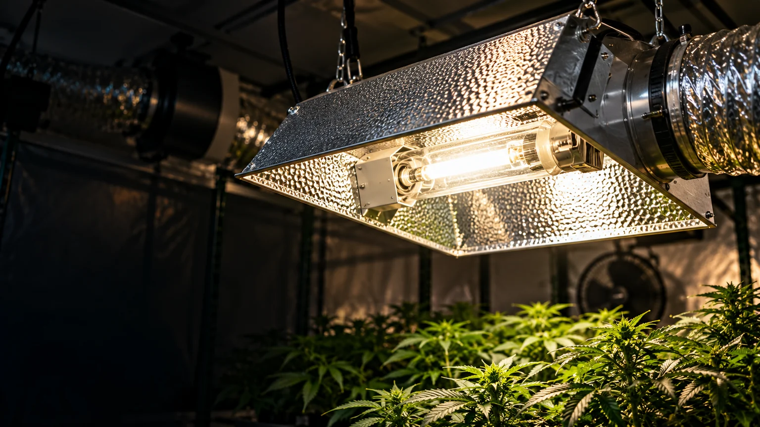 An enclosed metallic HID reflector with a glowing lamp and duct collar suspended above a green plant canopy