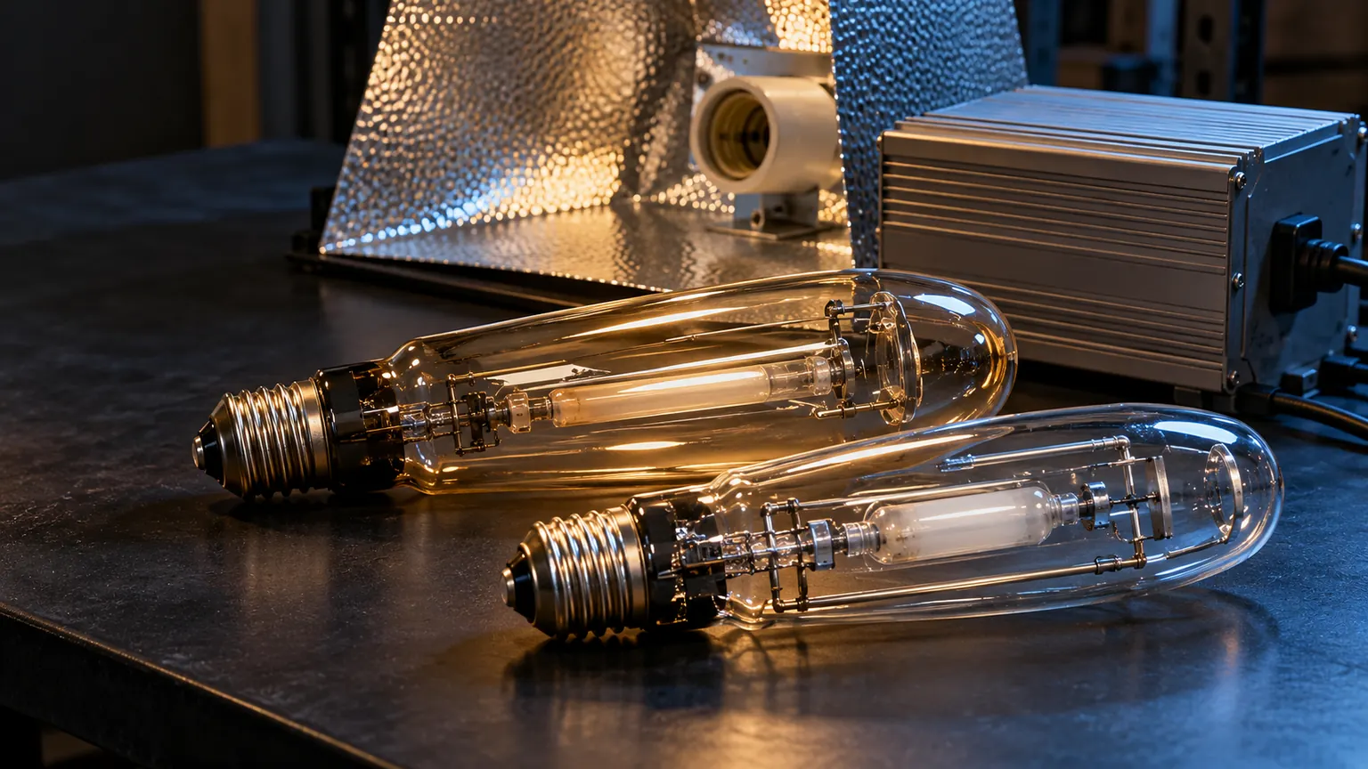 Two replacement HID lamps beside a metal ballast and reflector on a workbench