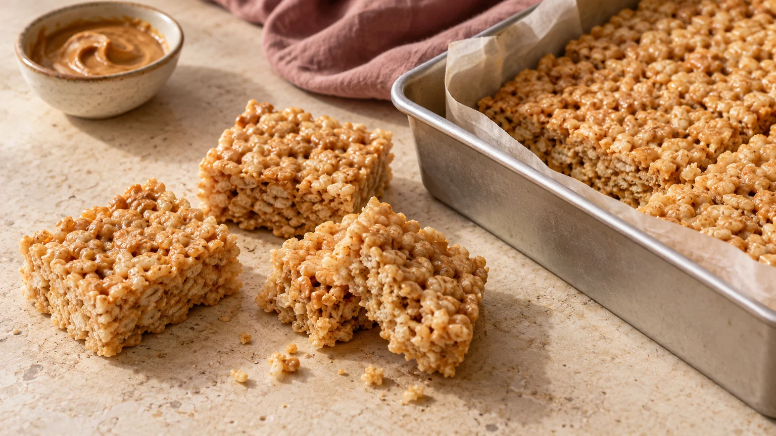 Golden nut-butter rice crispy squares beside a parchment-lined pan and rosewood linen