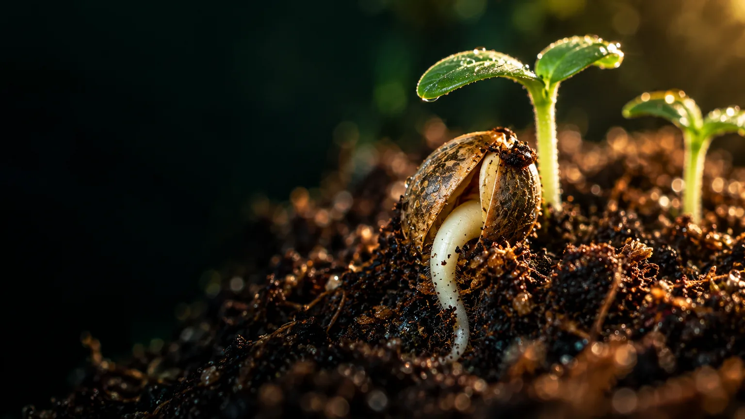 Germinating seed with pale taproot and first green seed leaves emerging from damp soil