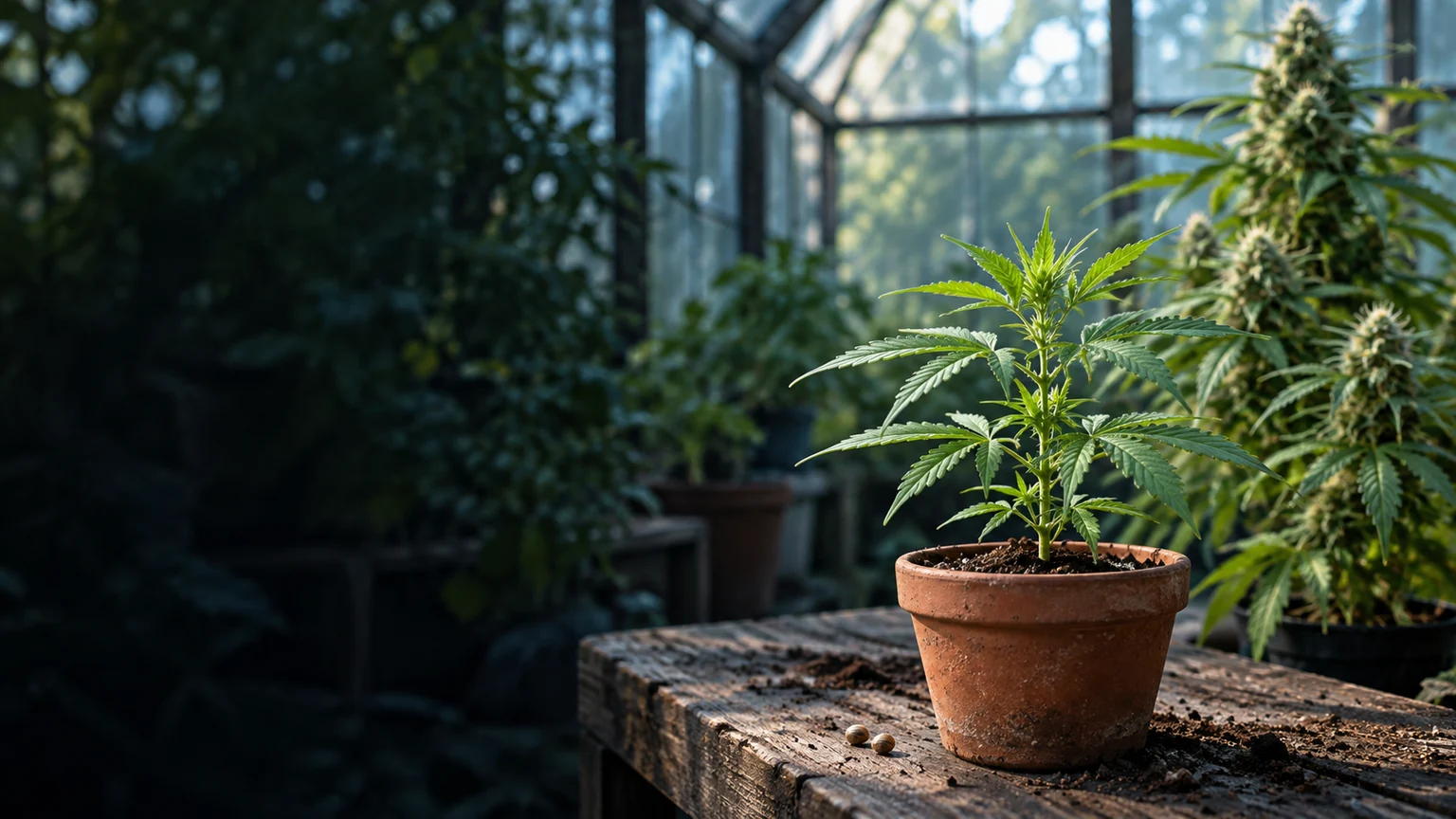 Young cannabis plant in a terracotta pot with a flowering plant behind it
