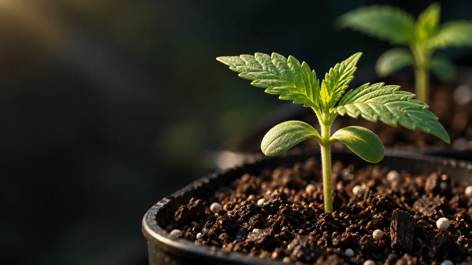 Young cannabis seedling with rounded cotyledons and serrated true leaves growing in dark soil under gentle light