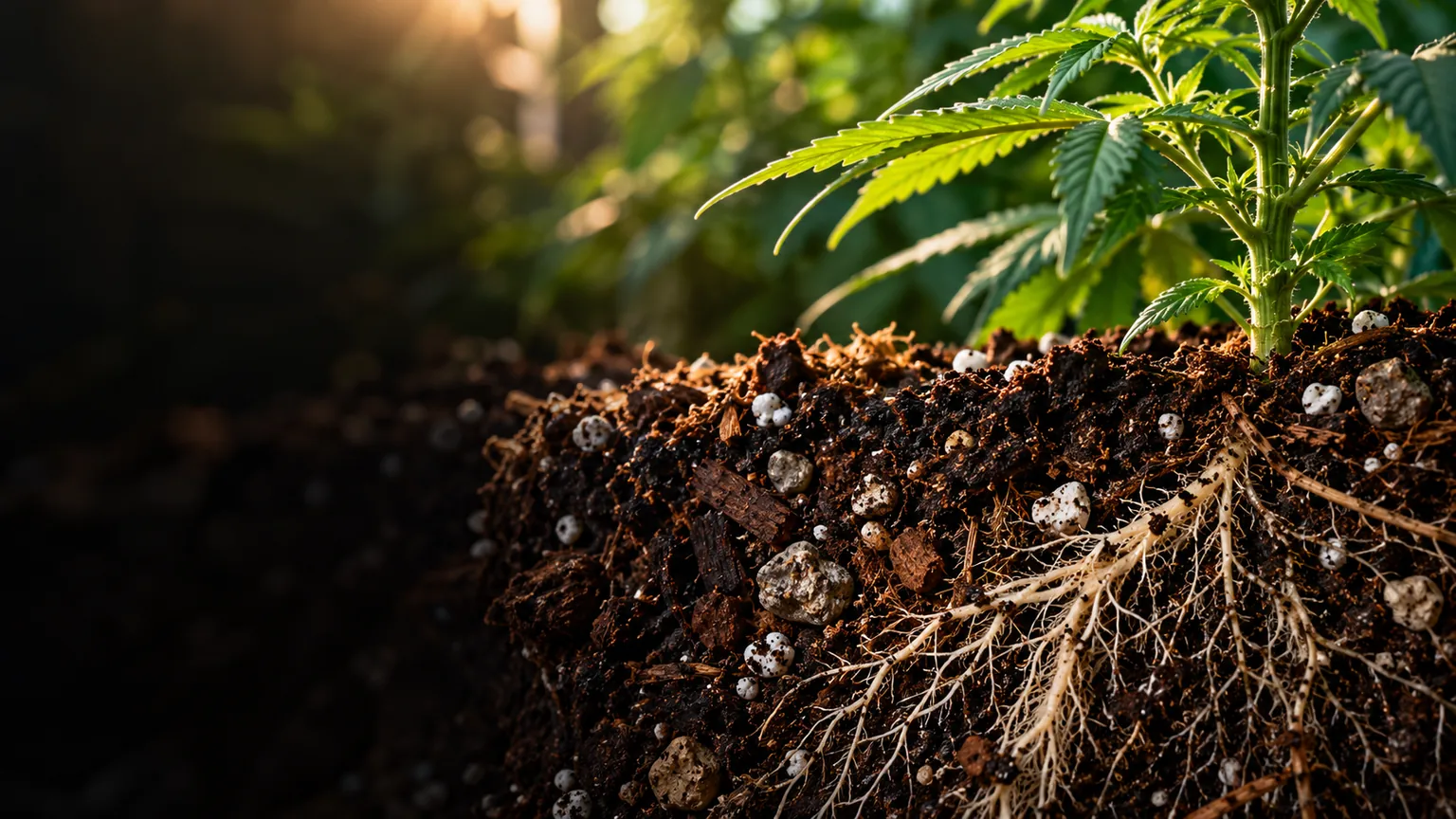 Roots in a porous container soil mix with bark, mineral particles and perlite