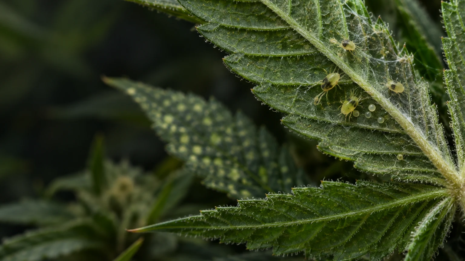 Close-up view beneath a serrated cannabis leaf with tiny pale mites, eggs, and fine webbing