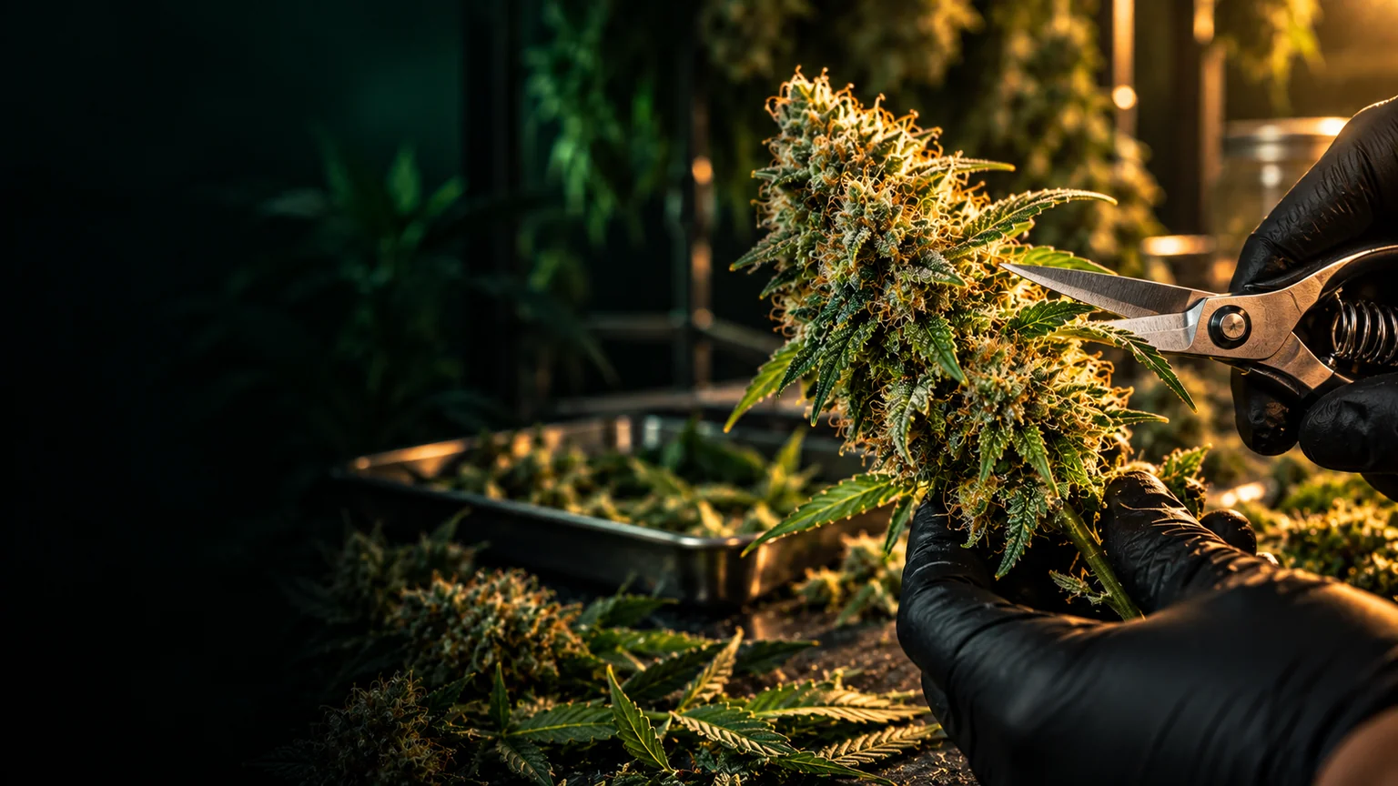 Gloved hands carefully trimming sugar leaves from a resinous cannabis flower with shears