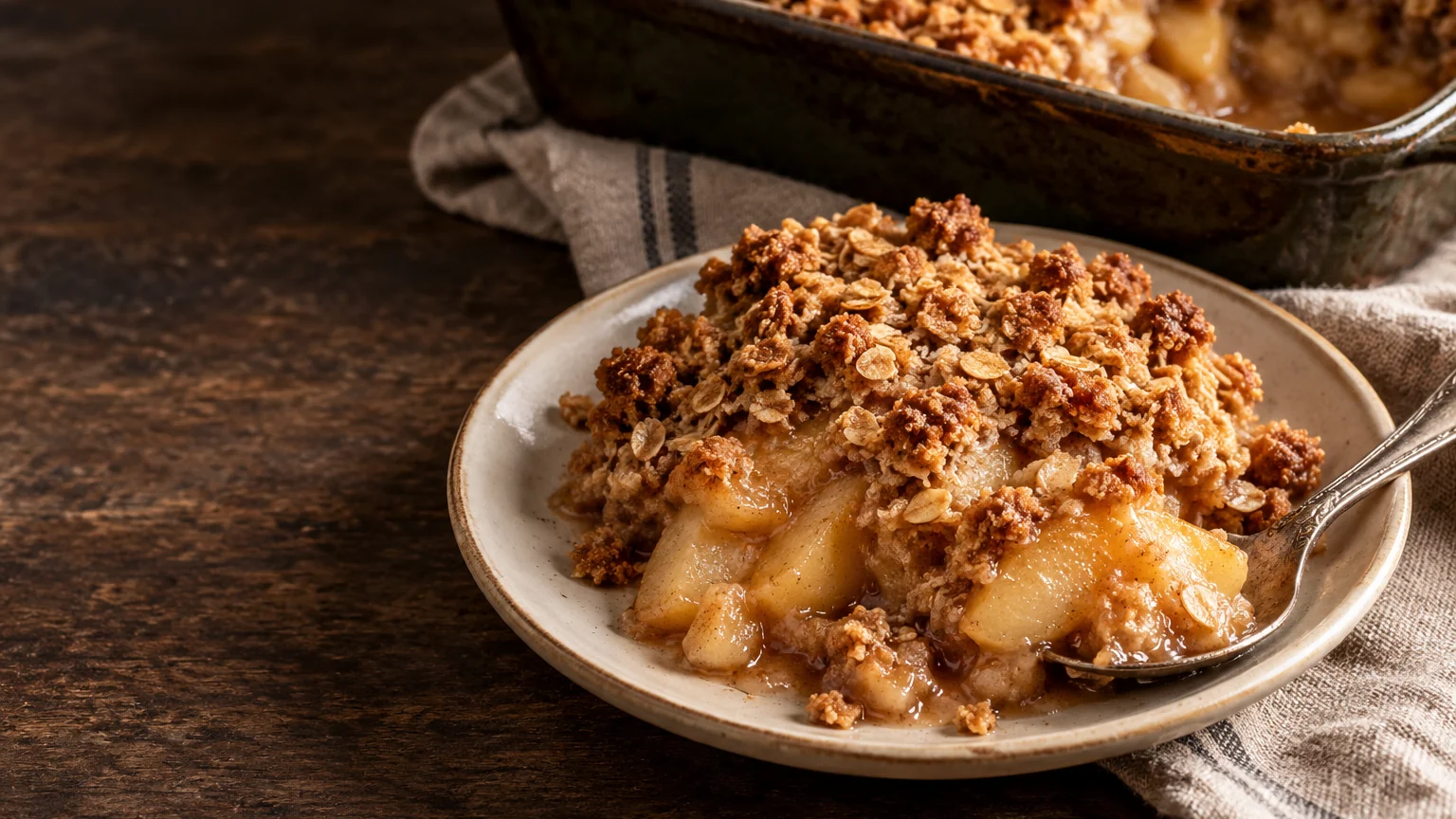 Golden oat-topped apple crisp with tender apple slices, served beside the baking dish