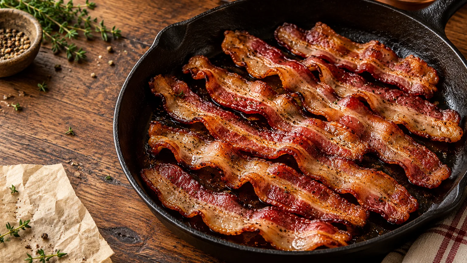 Crisp browned bacon strips with fine herb flecks in a black cast iron skillet