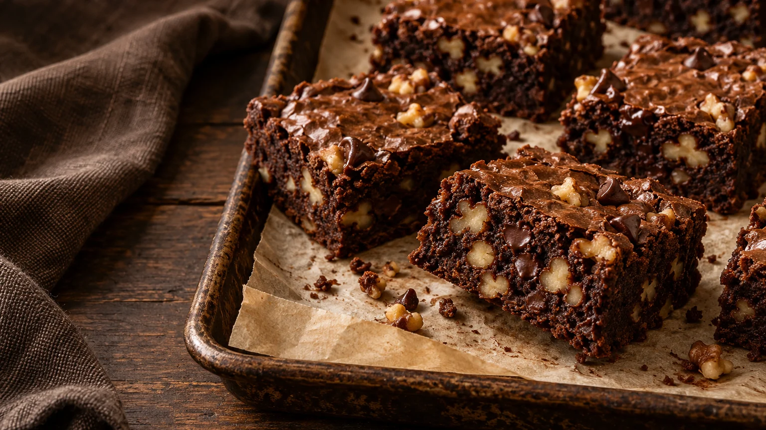 Dense chocolate walnut brownies with semisweet chocolate chips on parchment beside a baking pan