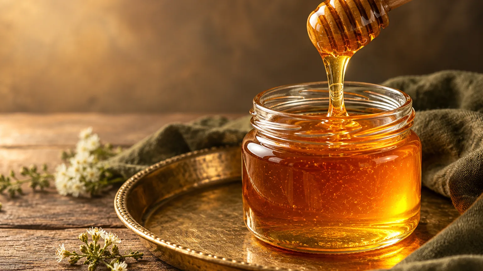 Amber honey flowing from a wooden dipper into a plain glass jar on a brass tray