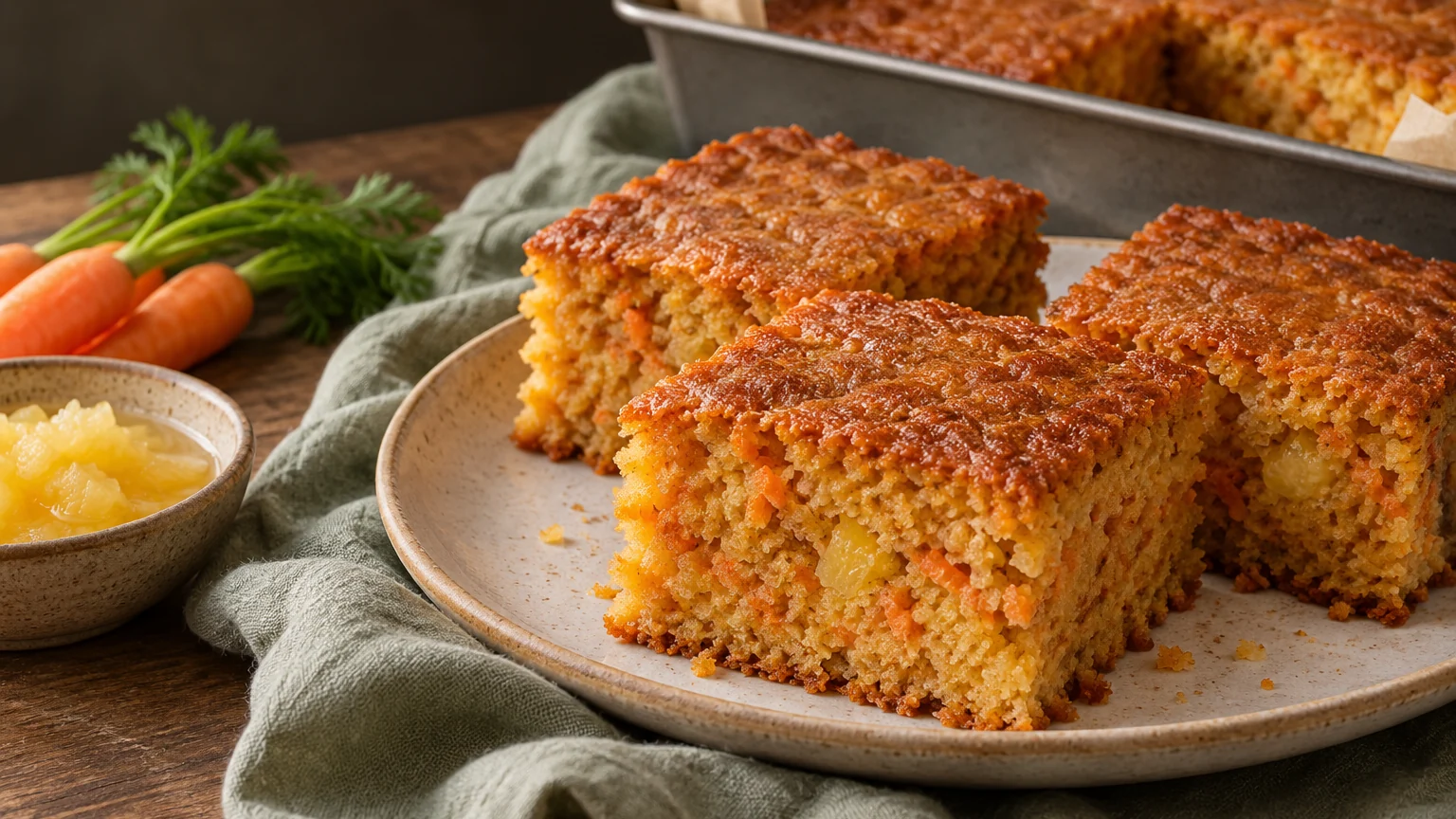 Unfrosted carrot and pineapple sheet cake squares with a golden top and orange-gold crumb