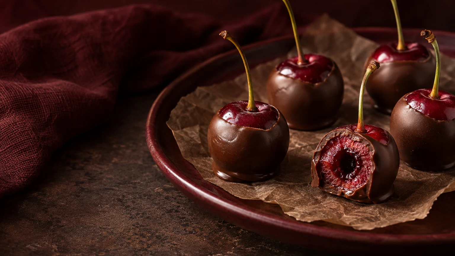 Stemmed cherries coated in chocolate on a burgundy platter