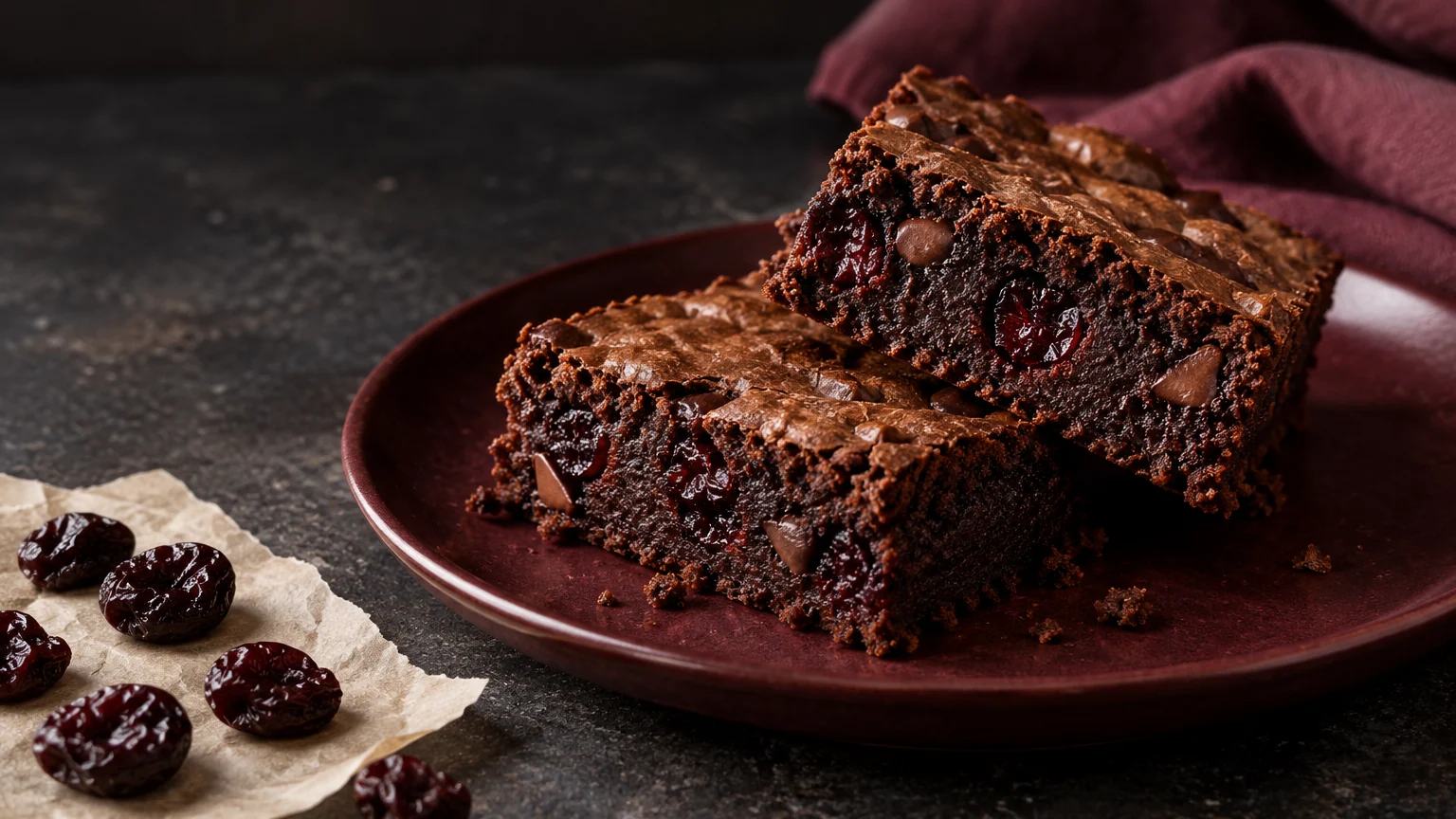 Dark chocolate brownie squares with dried sour cherry pieces and semisweet chocolate chips