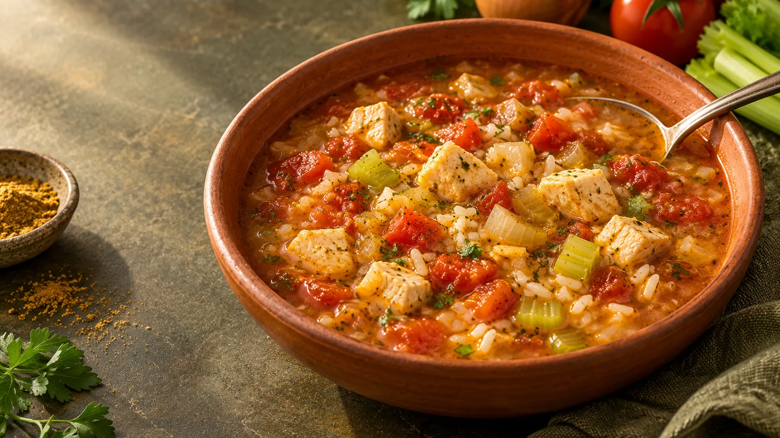 Tomato chicken soup with celery, onion and white rice in a terracotta bowl