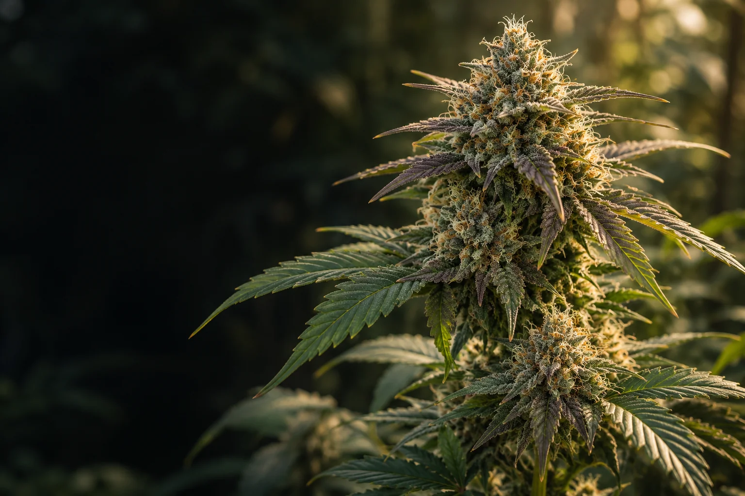 Resinous cannabis flower with sage green and dusky purple leaves in soft directional light