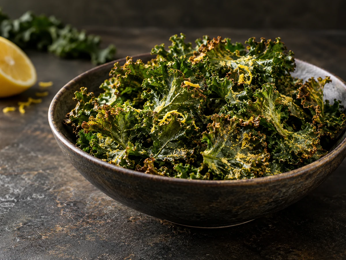 Crisp curly kale chips with lightly browned edges, nutritional yeast and lemon zest in a dark ceramic bowl