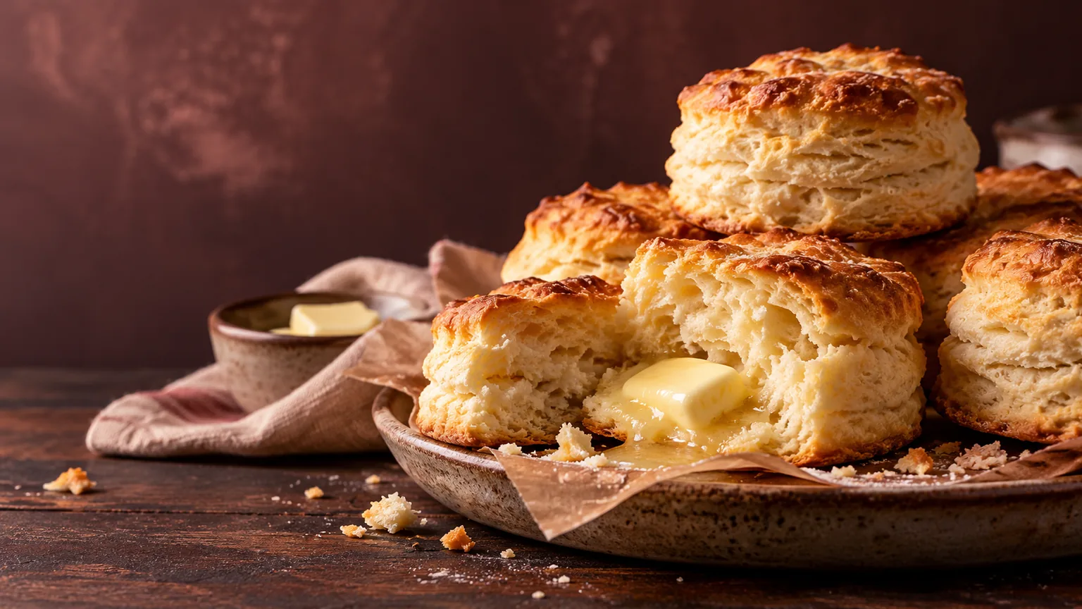 Flaky buttermilk biscuits split to show layers with butter melting inside