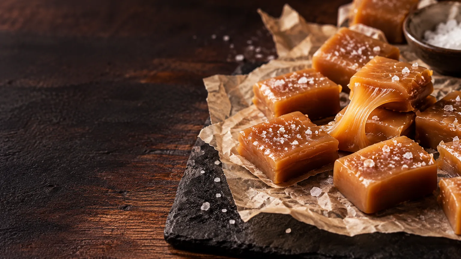 Golden homemade caramel candies on parchment with a soft pulled strand