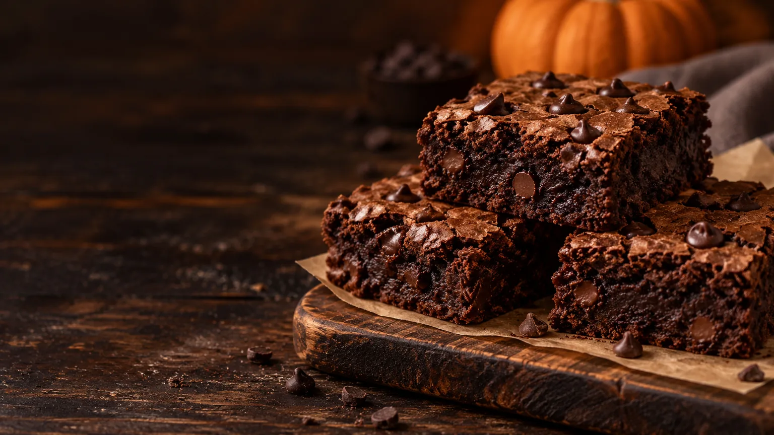 Fudgy chocolate brownies with crackled tops on a board, with pumpkin nearby