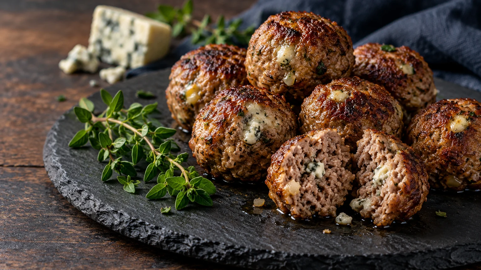 Browned beef meatballs with herbs and blue cheese on a slate platter, with one meatball split open