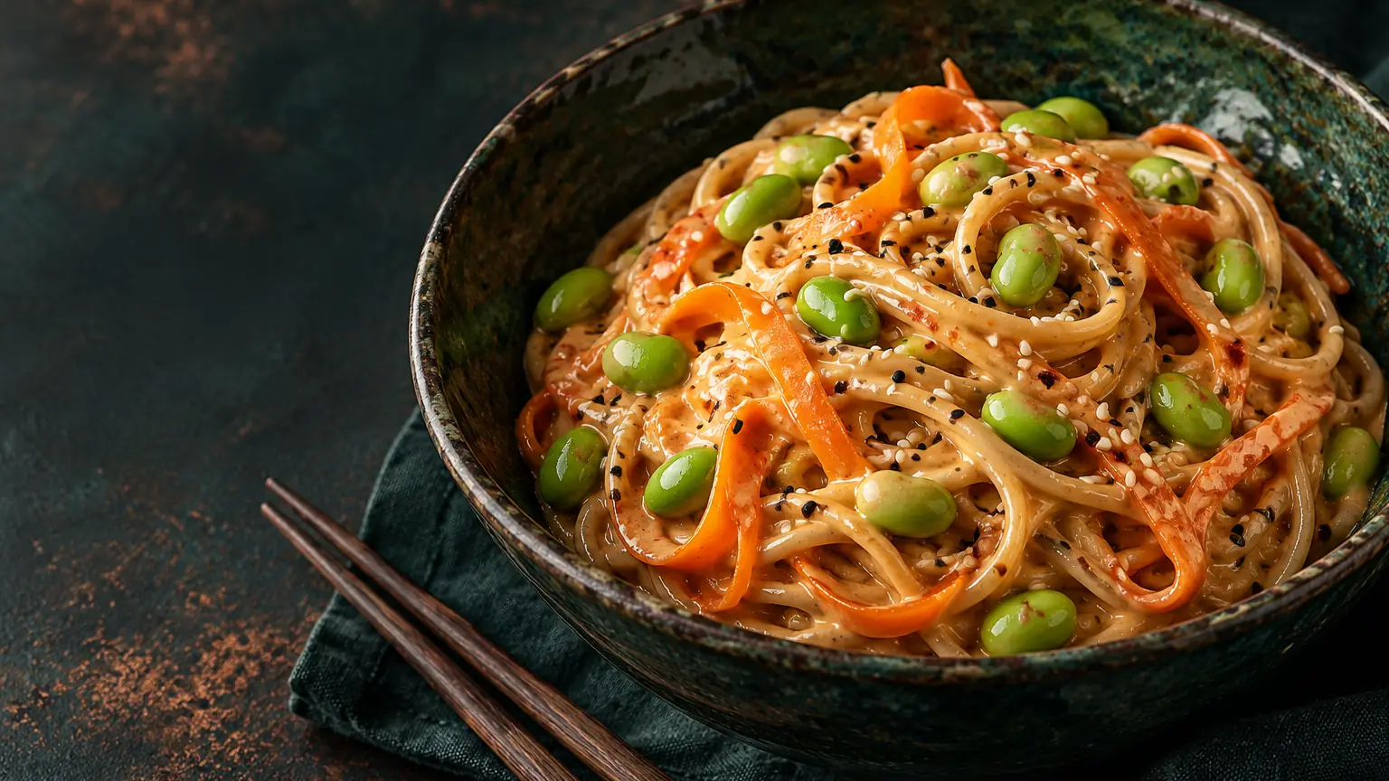 Noodles in creamy peanut Sriracha sauce with carrot ribbons, edamame and sesame in a dark green bowl