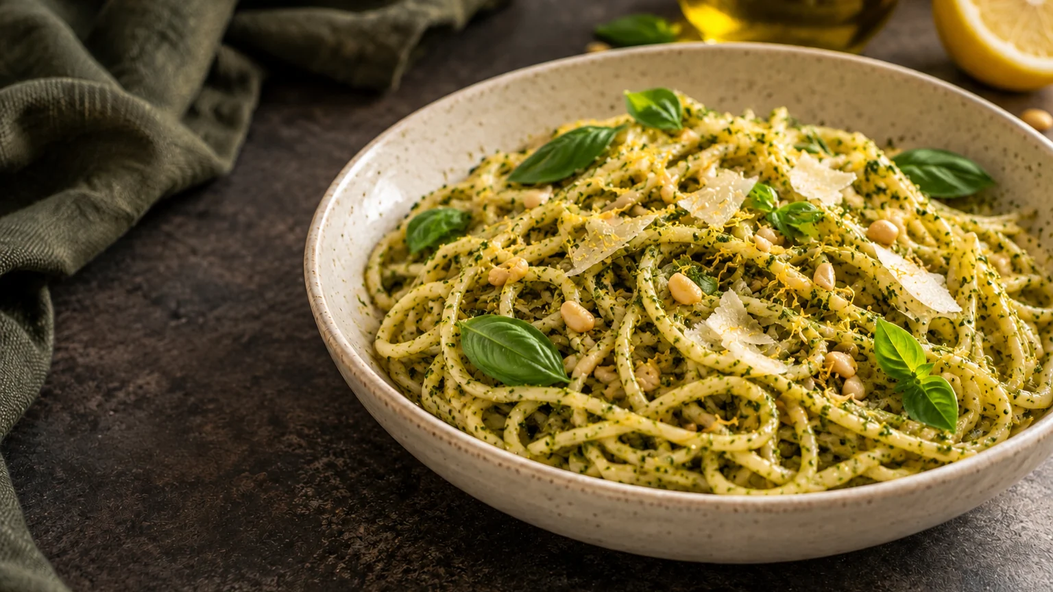 Spaghetti with basil pesto, pine nuts, Parmesan and lemon zest in a cream ceramic bowl