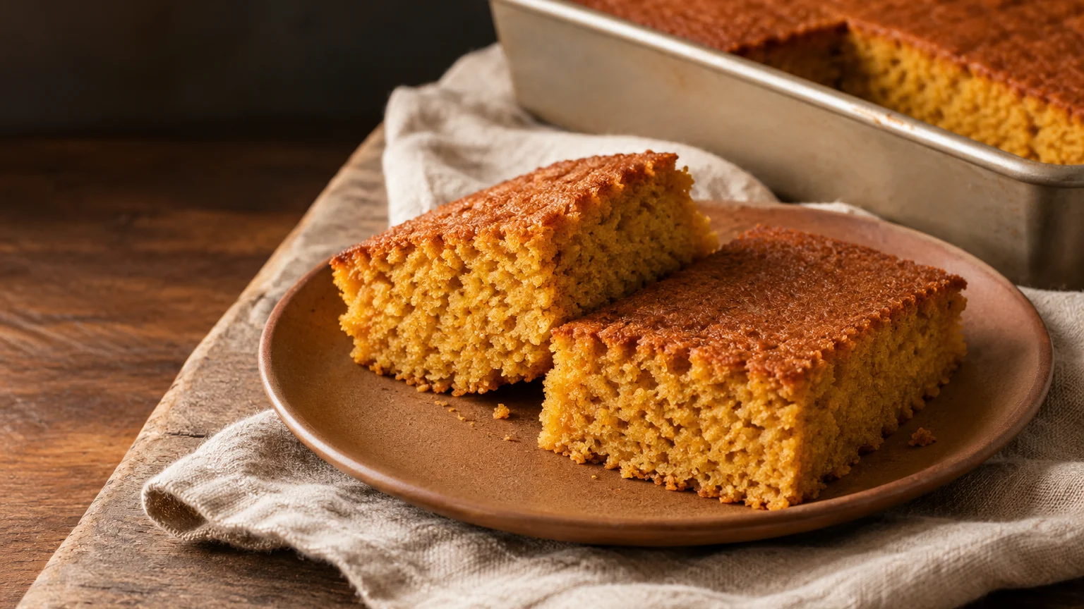 Unfrosted pumpkin sheet cake with a golden top and fine orange crumb, cut into squares beside its baking pan