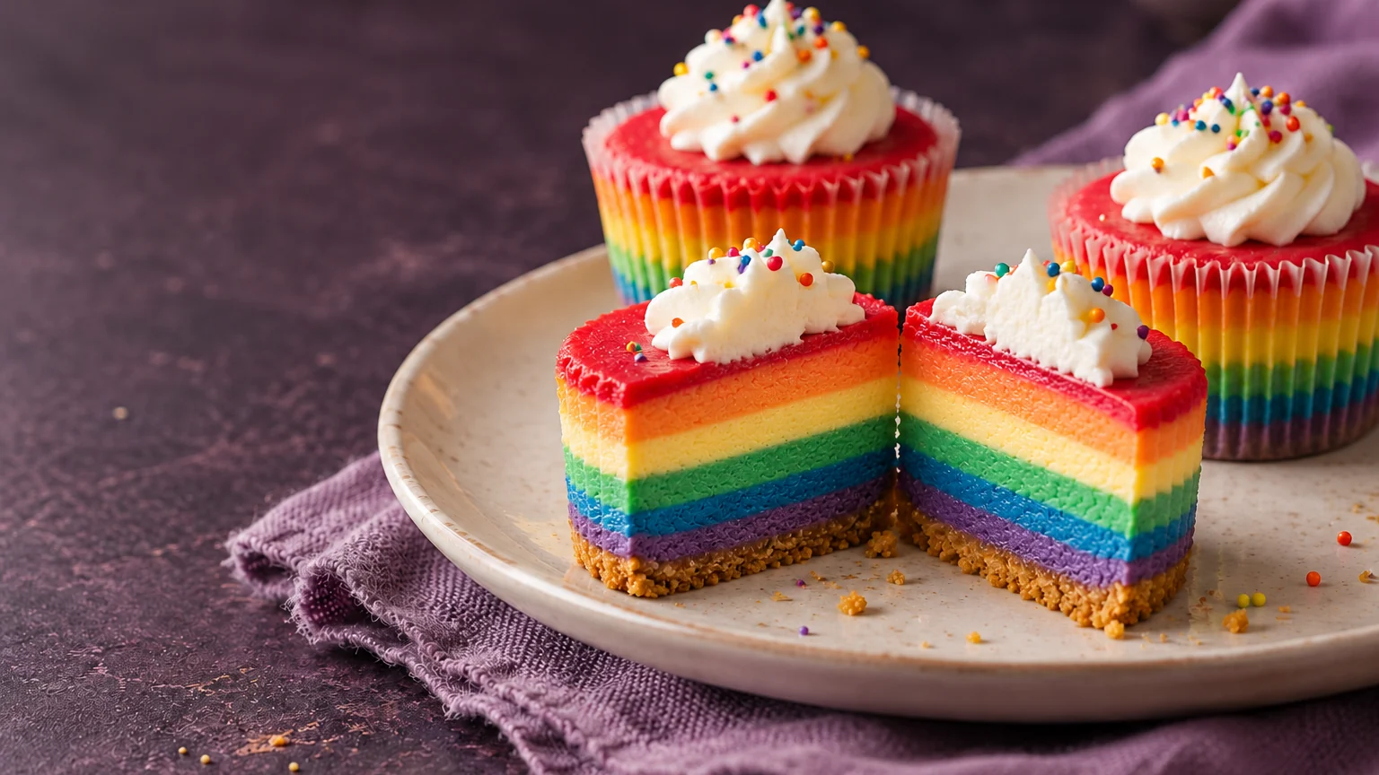 Rainbow mini cheesecakes with dense coloured filling, graham-cracker crusts, whipped cream and sprinkles on a pale lilac plate