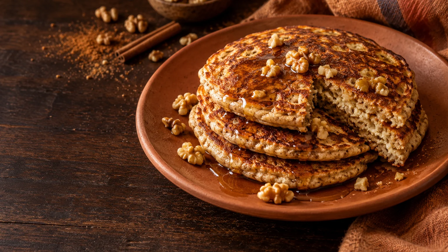 Golden brown banana and whole-wheat pancakes with walnuts on a terracotta plate