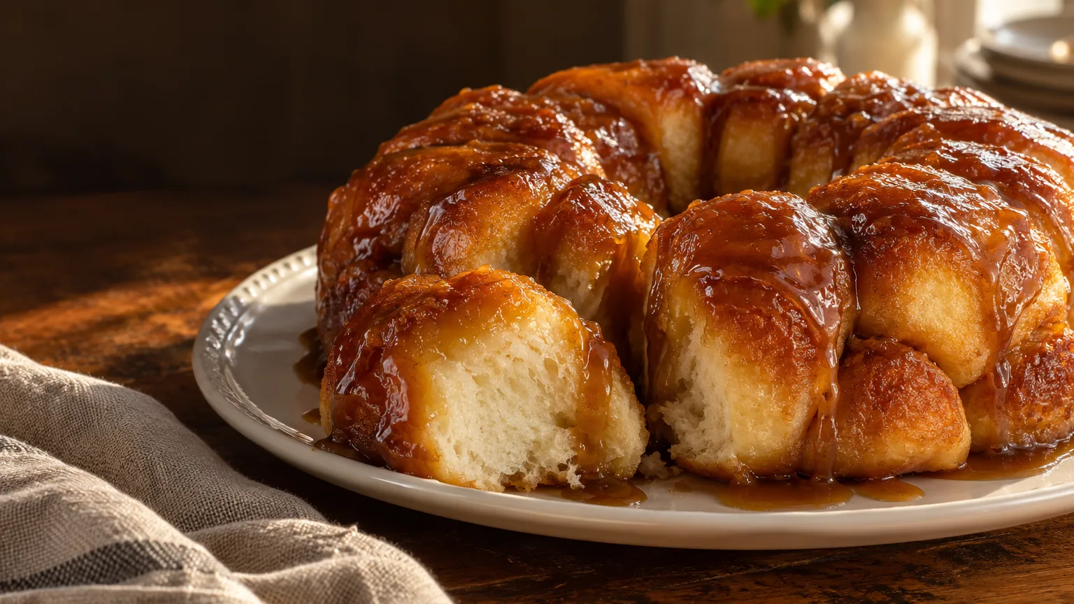 Golden rounded pull-apart dinner rolls in a butterscotch-glazed ring with a soft roll separated in front