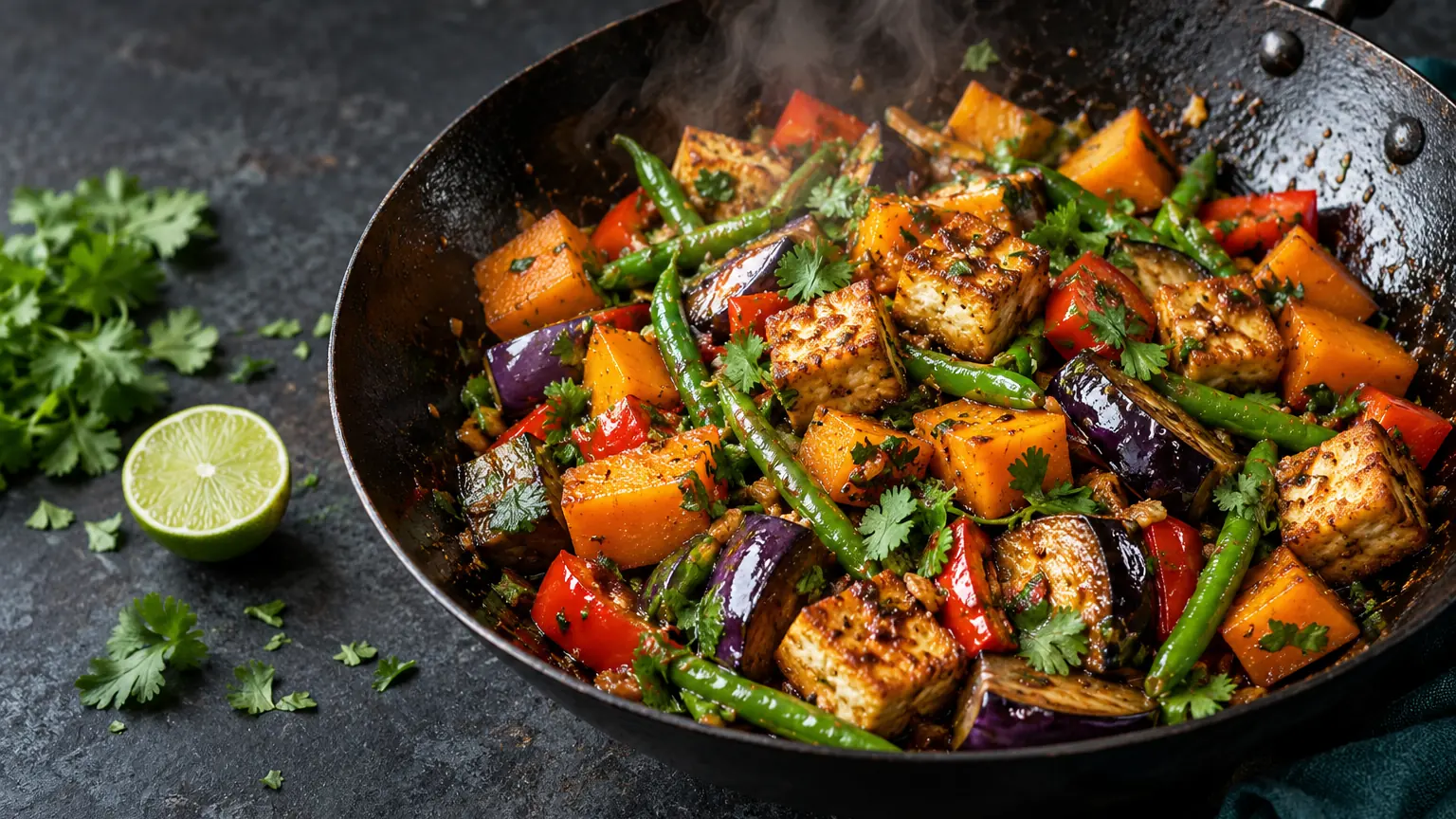 Golden tofu and pumpkin stir fry with purple eggplant, green beans, red pepper, coriander and lime in a black wok
