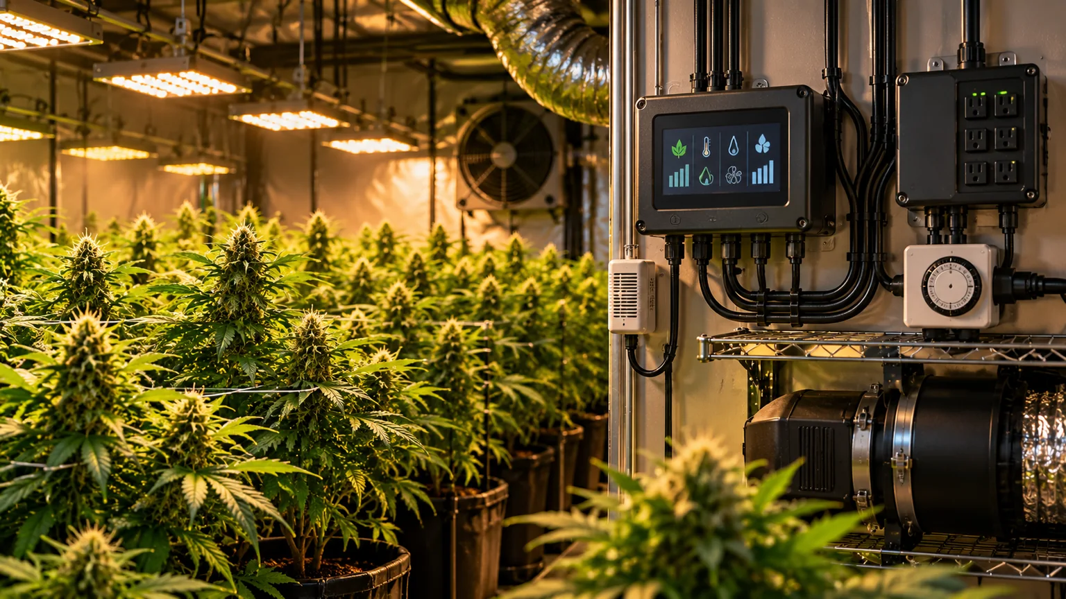 Indoor cannabis grow room with environmental controller, sensor and lighting timer alongside organized ventilation and plants